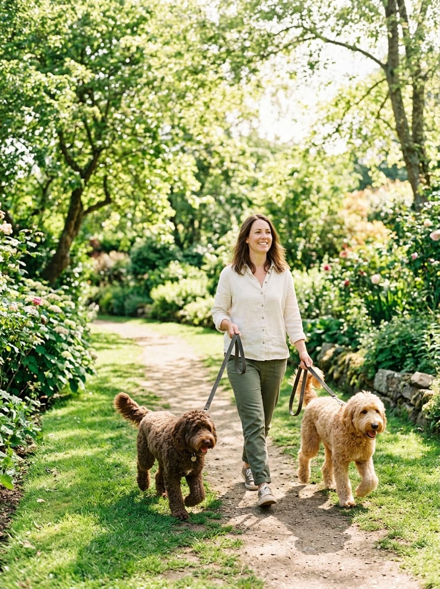 Smiling woman walking a chocolate doodle and a cream doodle on leashes along a leafy garden path