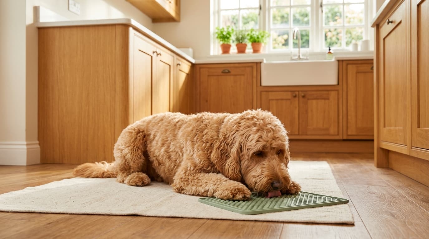 Apricot Goldendoodle lying on a kitchen rug licking a textured silicone lick mat