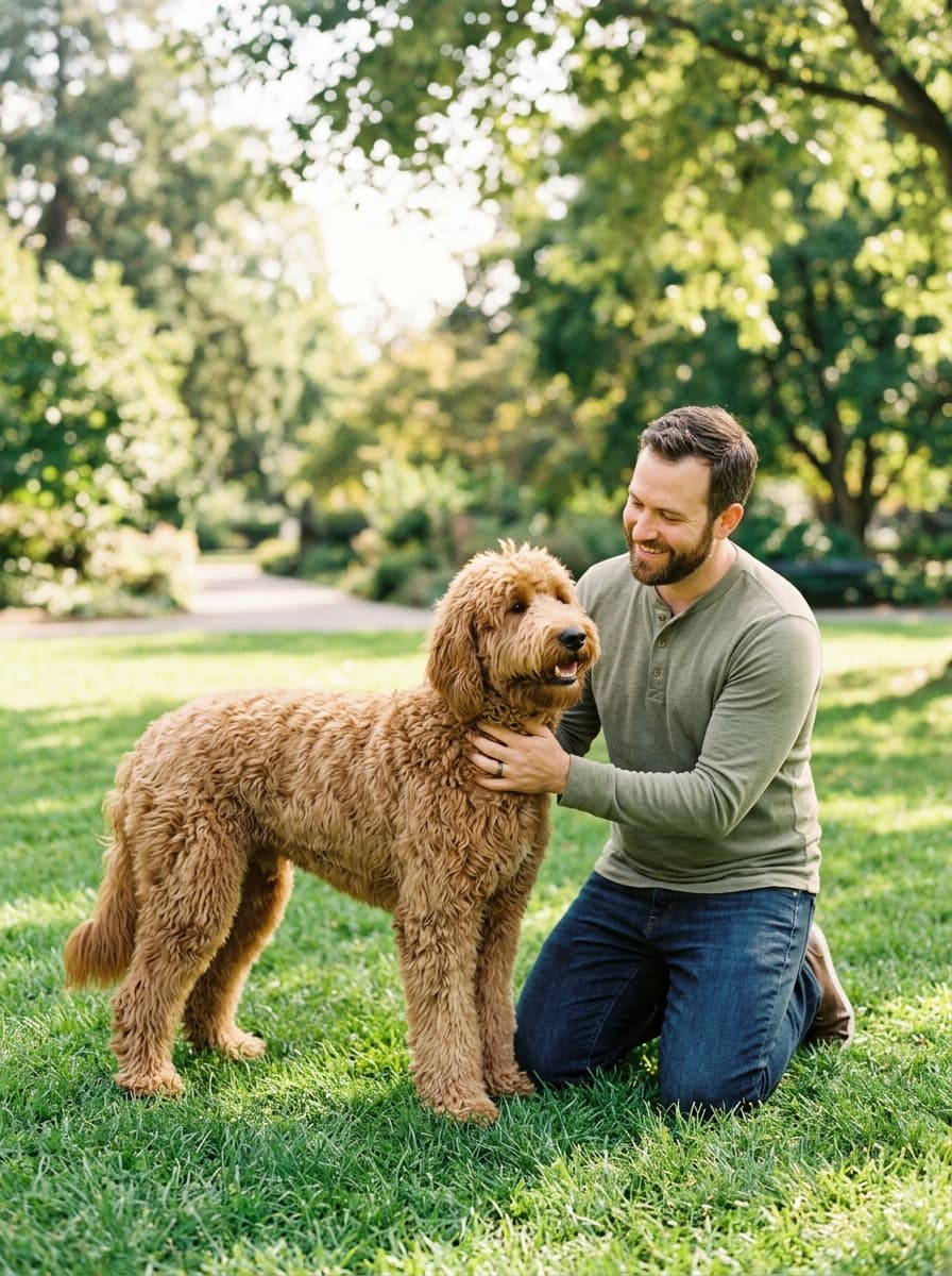 Man kneeling on a sunny lawn with his arm around a medium-sized apricot doodle