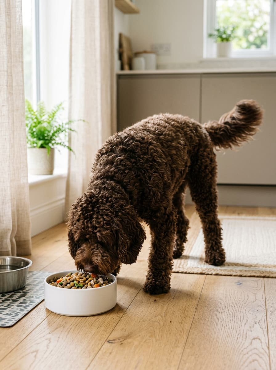Chocolate brown curly doodle eating from a white bowl on a light wooden floor