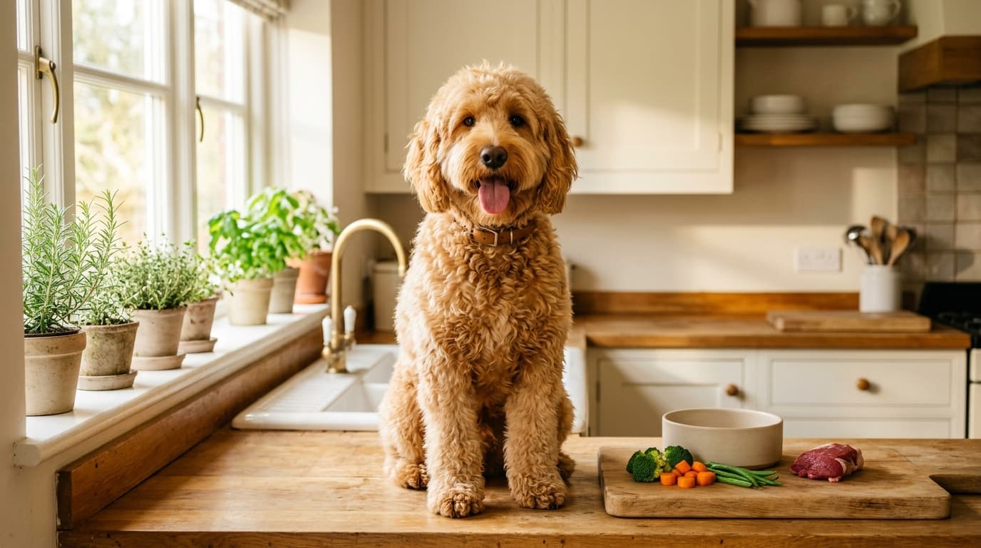 Australian Labradoodle waiting beside a bowl of raw meat and vegetables on a kitchen floor