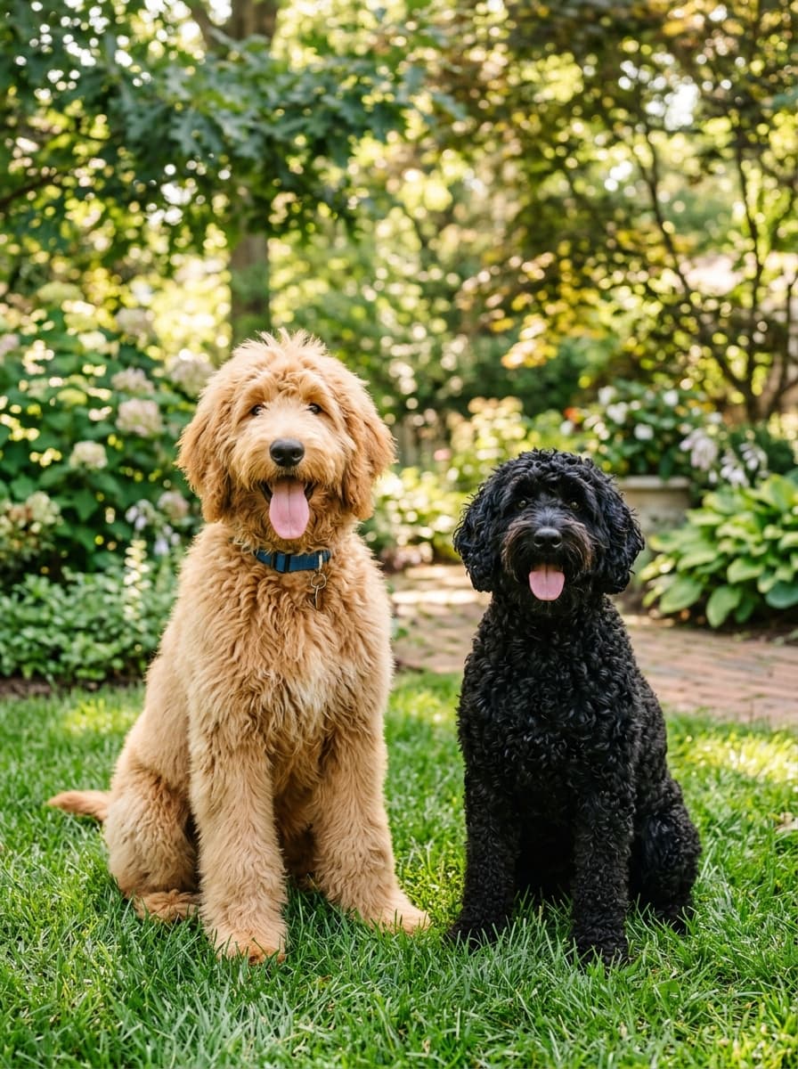 Golden wavy-coated doodle and black curly doodle sitting side by side on a sunny garden lawn