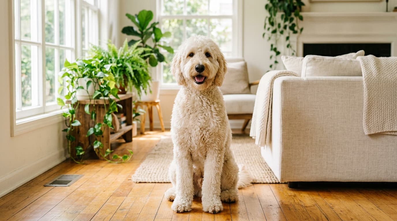 Cream goldendoodle with curly coat sitting alert on wooden floor in sunlit living room.