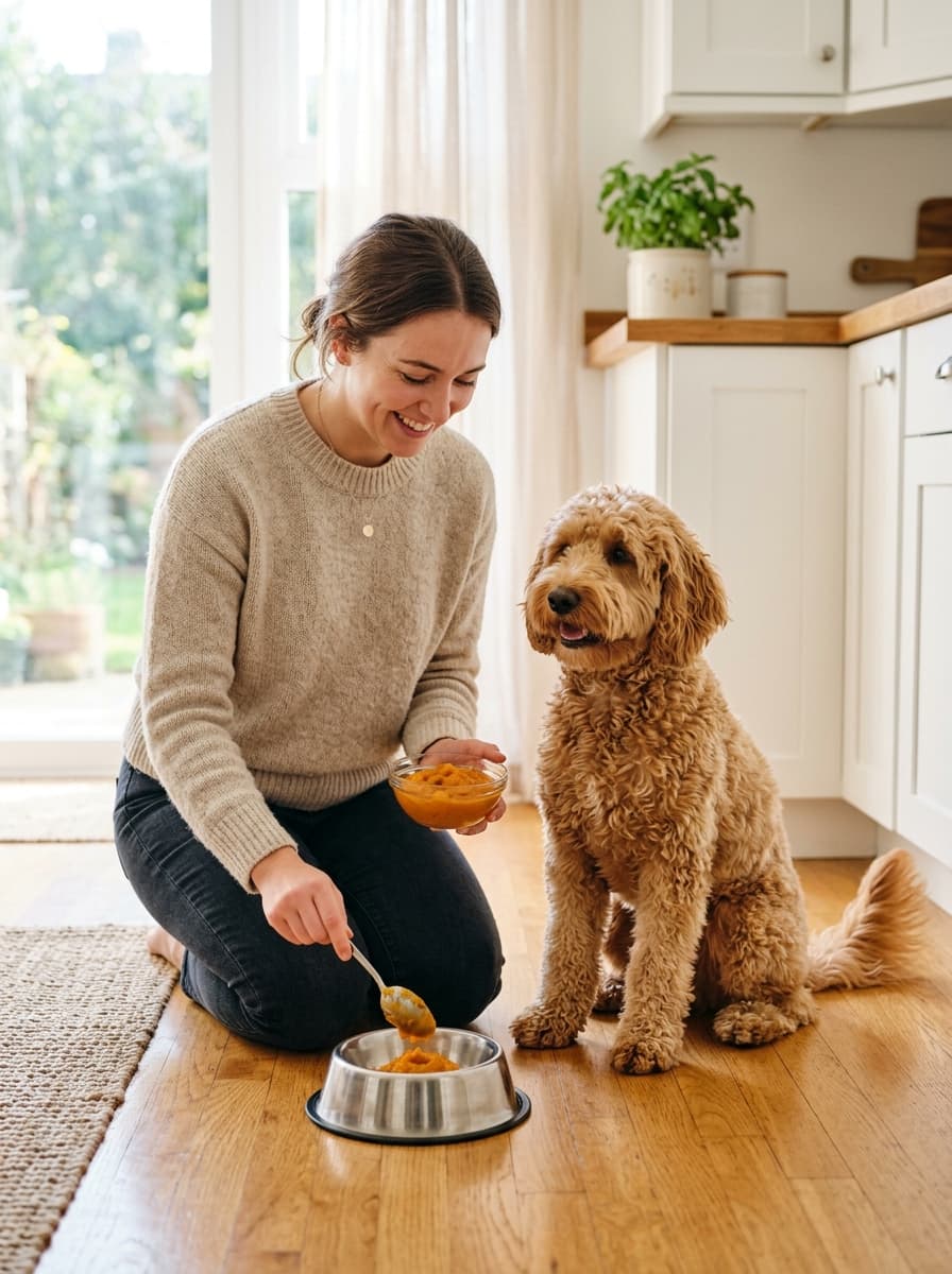 Woman kneeling on a kitchen floor spooning pumpkin purée into a steel bowl as an apricot doodle waits beside her