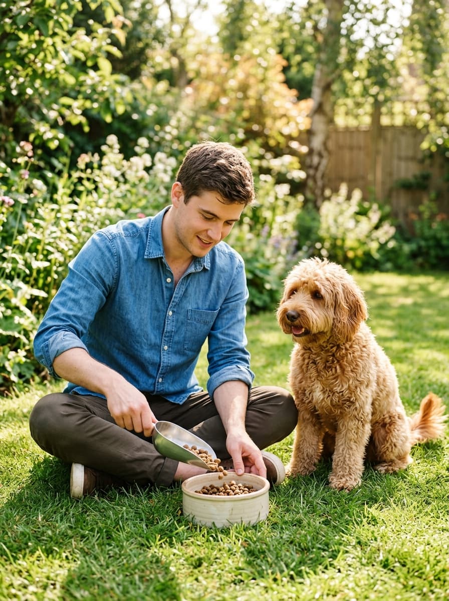 Man sitting on the grass pouring kibble from a metal scoop into a bowl next to an apricot doodle