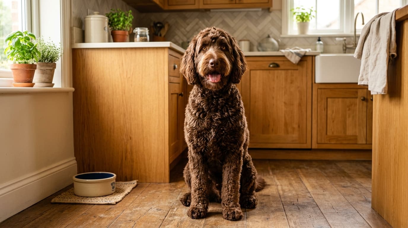 A chocolate doodle sitting on a wooden kitchen floor next to its food bowl