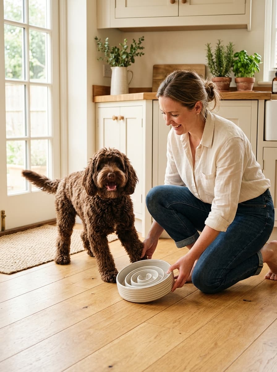 Smiling woman setting a white ridged slow feeder bowl on the kitchen floor for a chocolate doodle