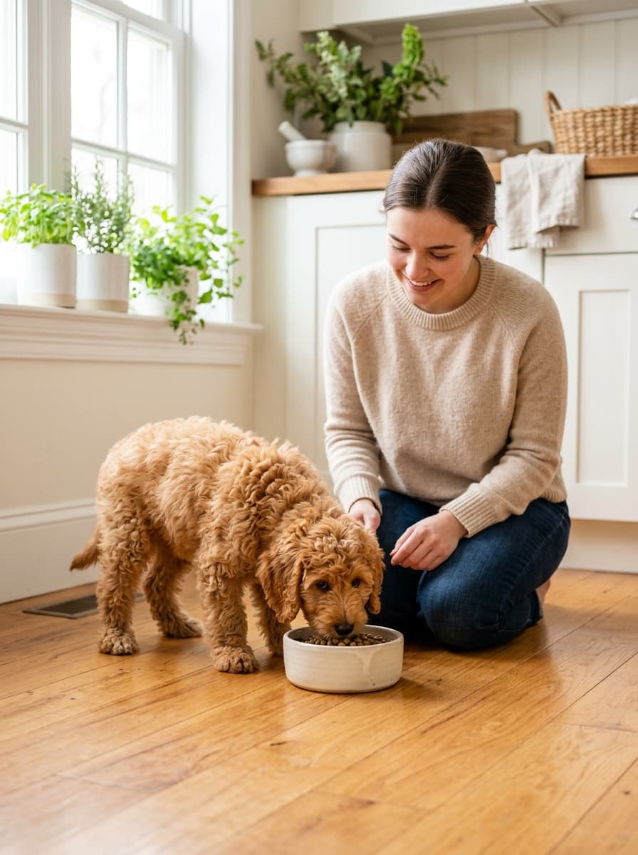Woman kneeling on a kitchen floor watching an apricot doodle puppy eat from a ceramic bowl