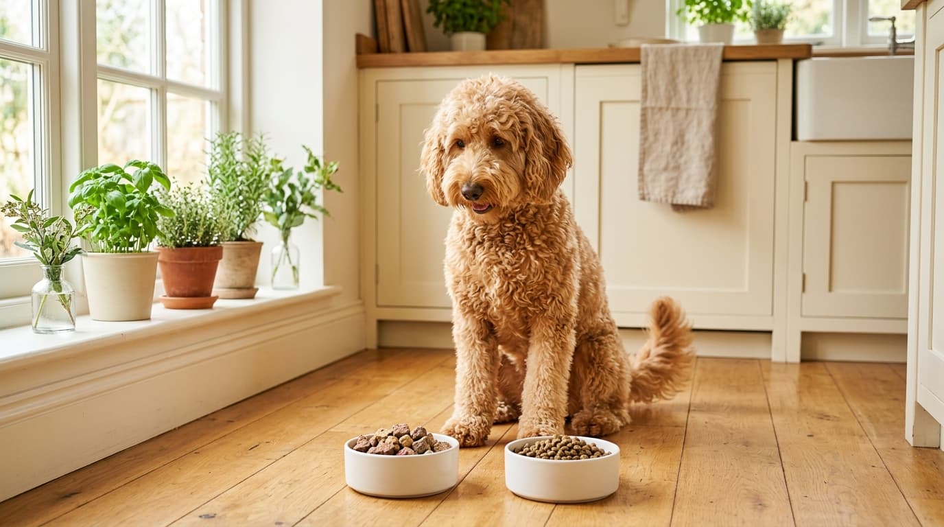 Apricot Goldendoodle looking at a bowl of freeze-dried nuggets next to a bowl of kibble