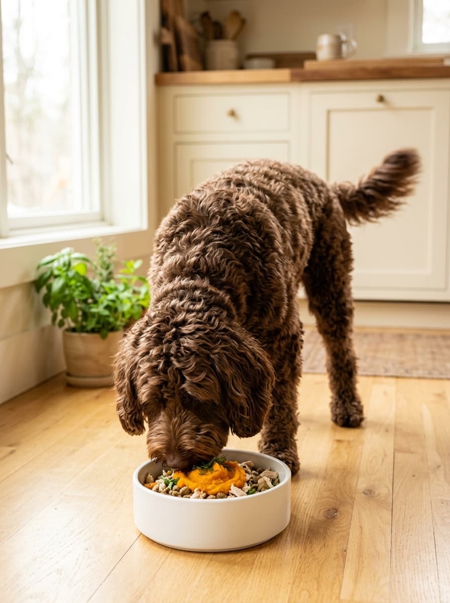 Chocolate labradoodle eating from a white bowl of food topped with orange pumpkin purée on a wooden floor