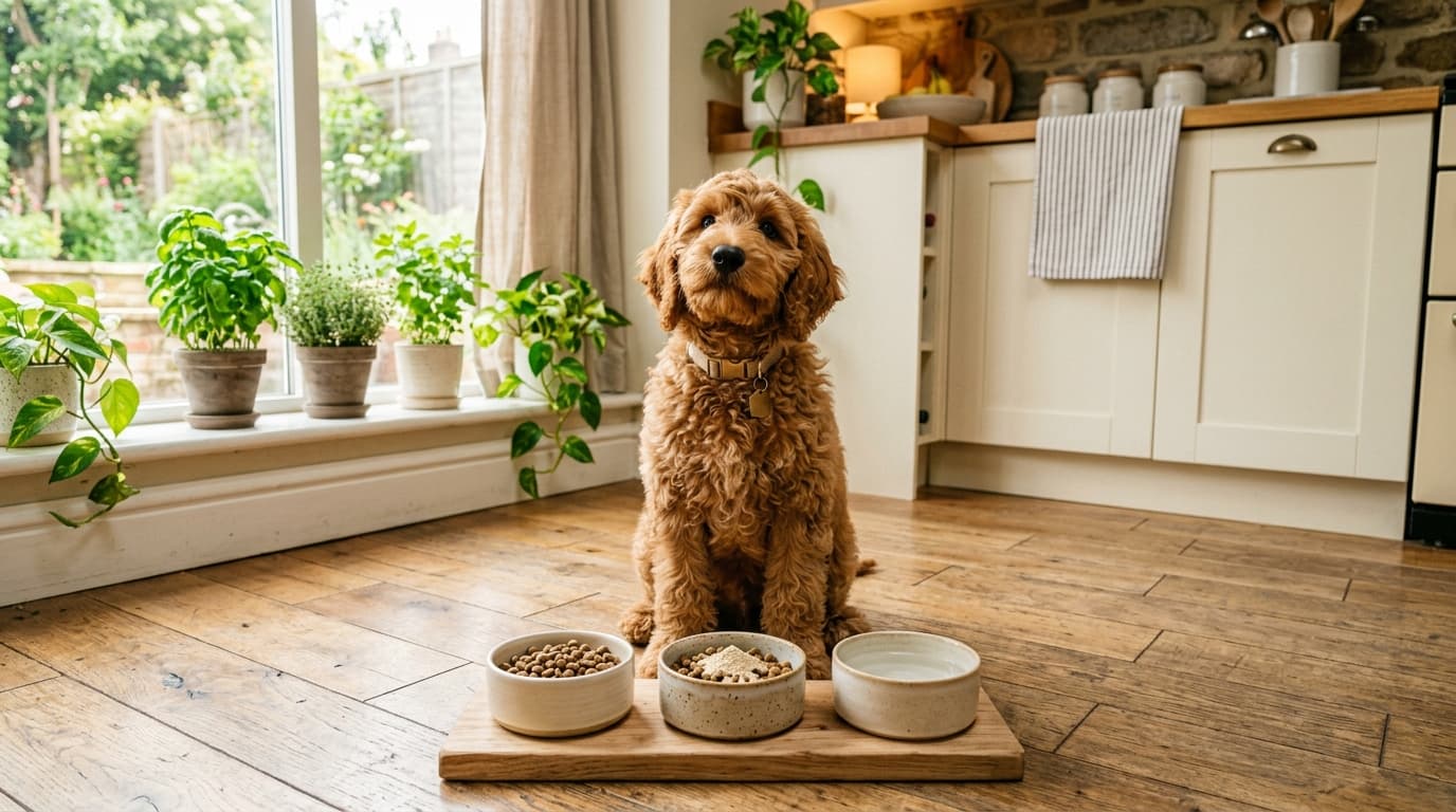Caramel Goldendoodle puppy sitting beside small bowls of kibble on a sunlit kitchen floor, ready for a slow food transition