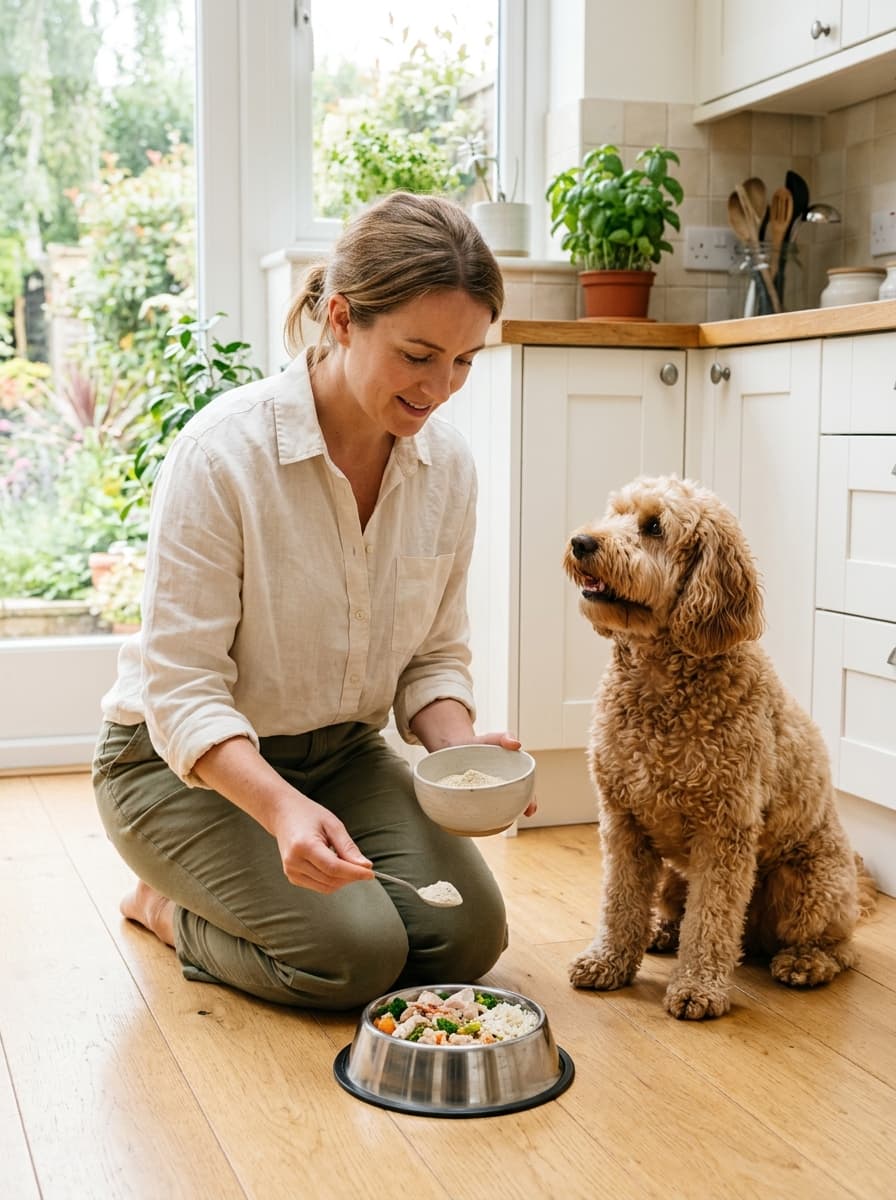 Woman kneeling on a kitchen floor spooning a small amount of food into a bowl as an apricot doodle watches
