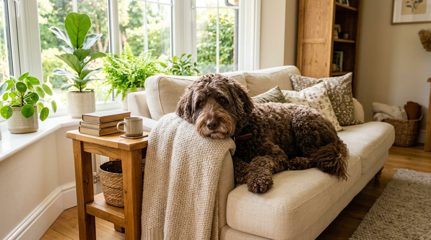 Senior Australian Labradoodle resting beside a slow feeder bowl in a home kitchen