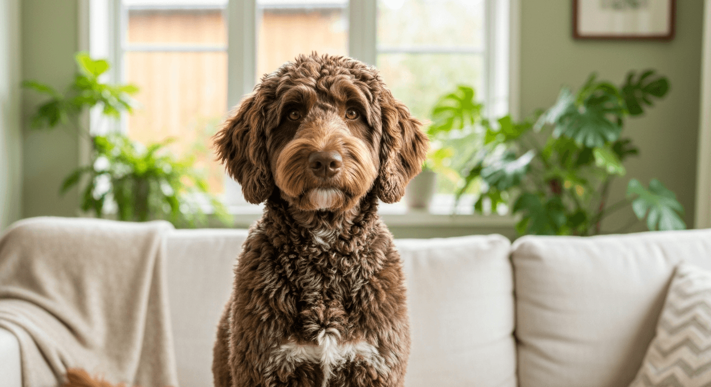Goldendoodle with curly coat scratching its floppy ear while owner inspects for redness and yeasty smell