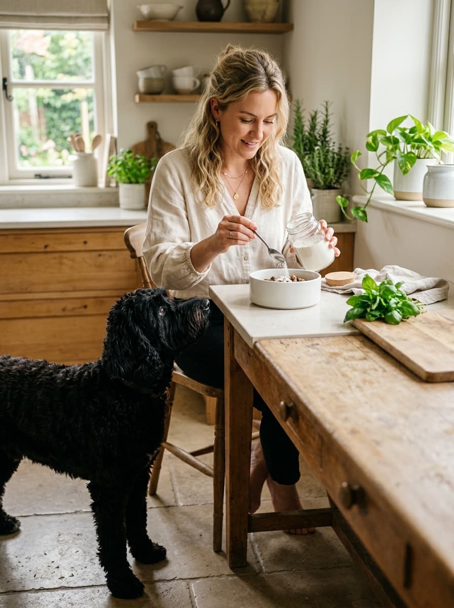Woman at a farmhouse table stirring a powder into a food bowl while a black doodle looks up