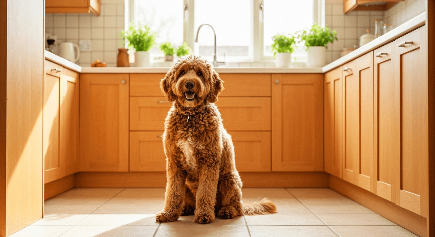 Goldendoodle scratching its ear beside a bowl of limited-ingredient salmon kibble