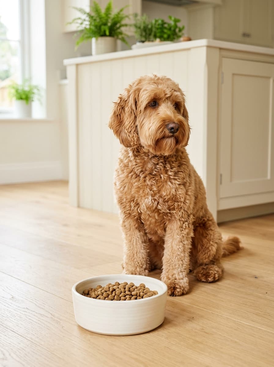 Apricot doodle sitting patiently beside a full bowl of kibble on a light wooden kitchen floor