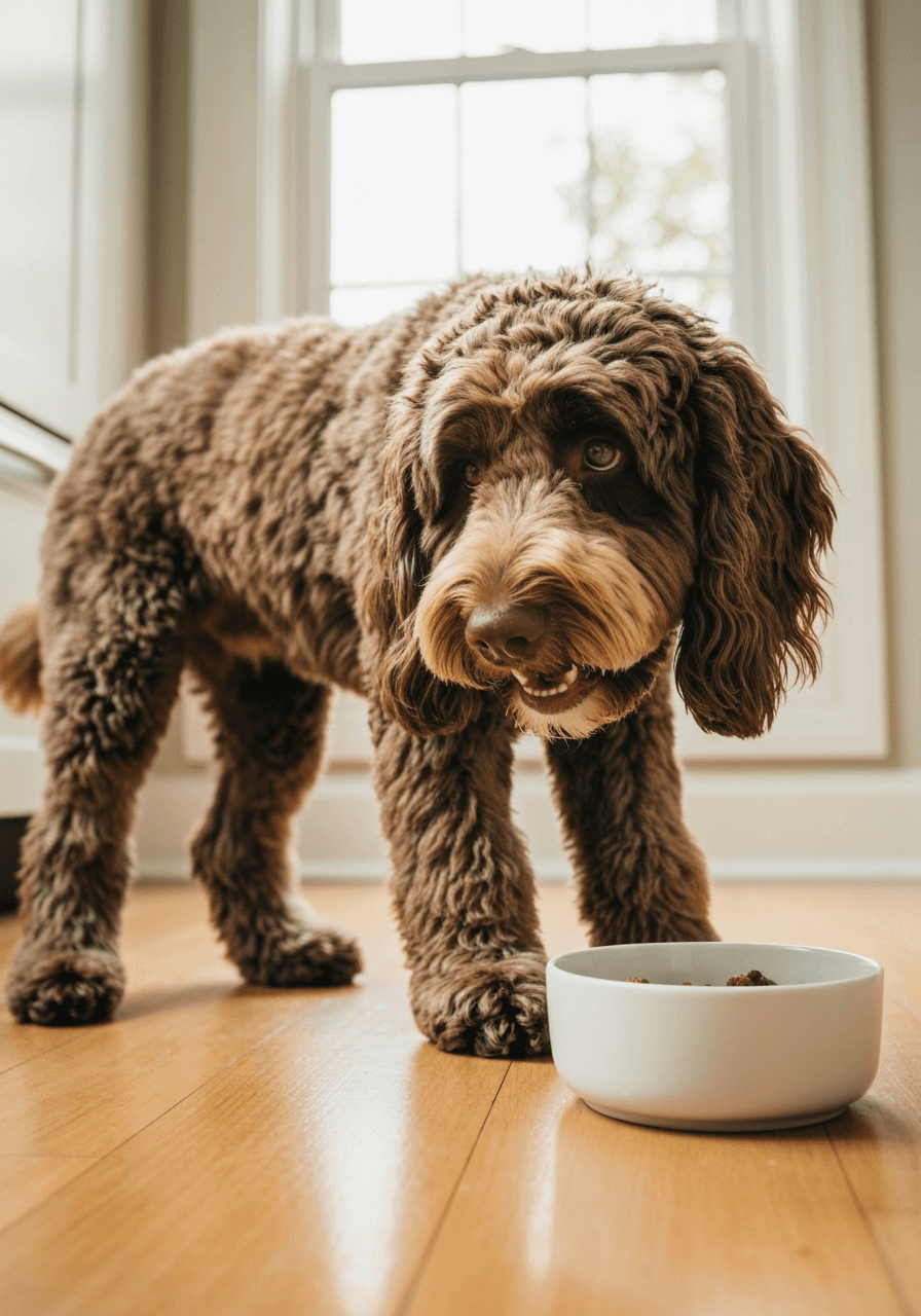 Chocolate brown labradoodle eating from a white ceramic bowl on a light wooden kitchen floor