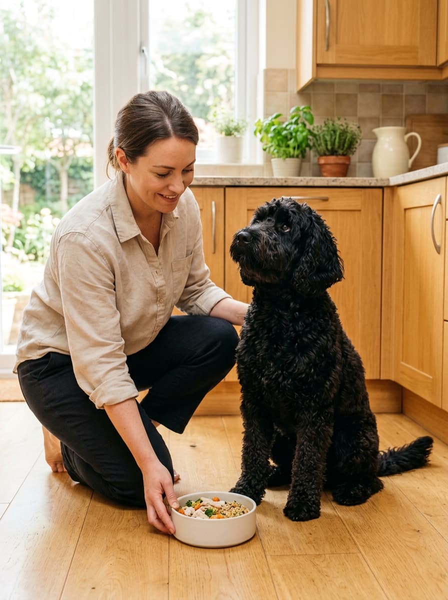 A woman kneeling in a kitchen and setting a food bowl down in front of a calmly sitting black doodle