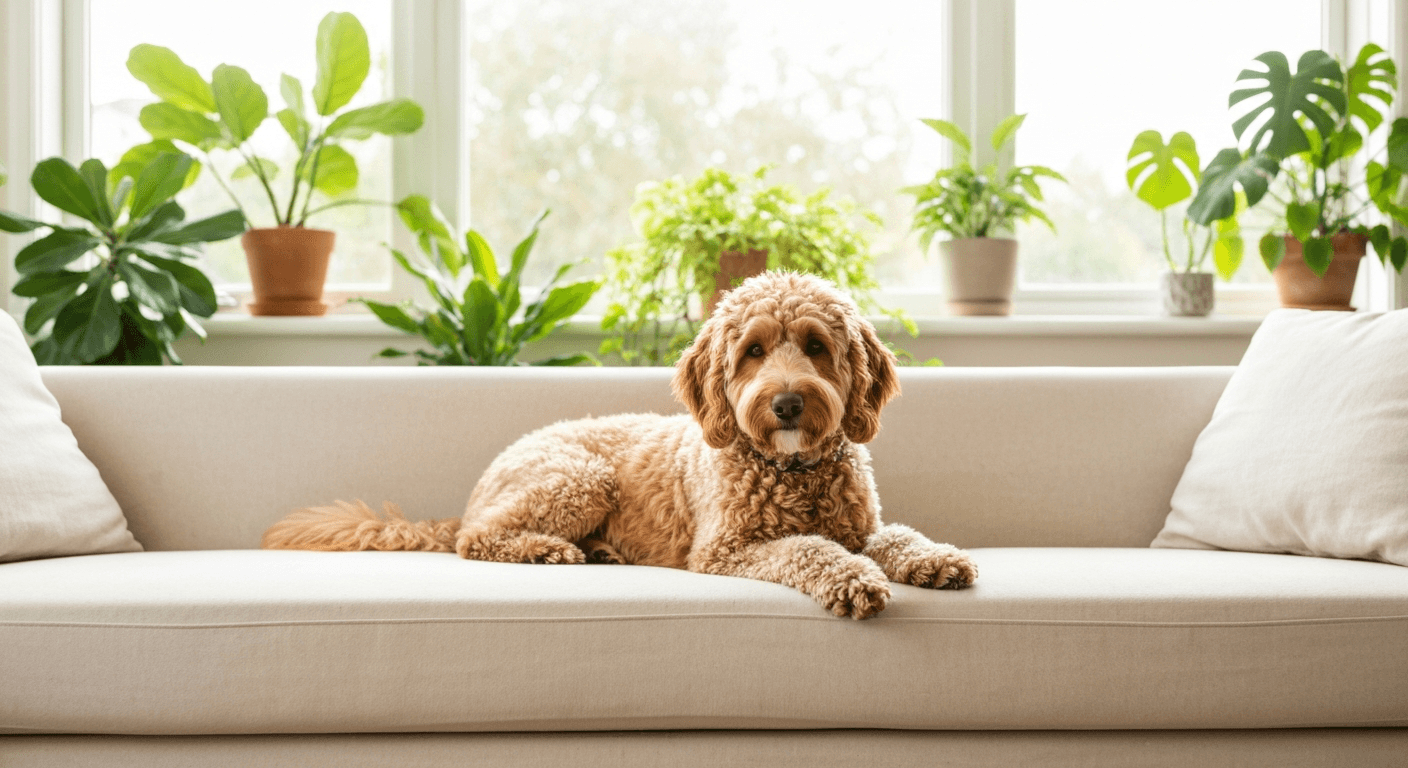 A golden doodle resting on a dog bed looking slightly tired while its owner sits nearby with a concerned expression