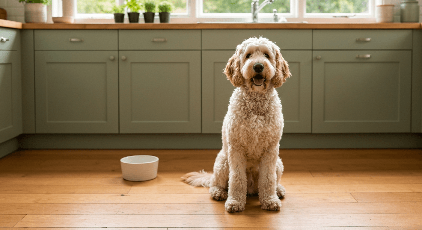Curly doodle lying calmly while owner brushes coat, next to a bottle of allergy supplement chews