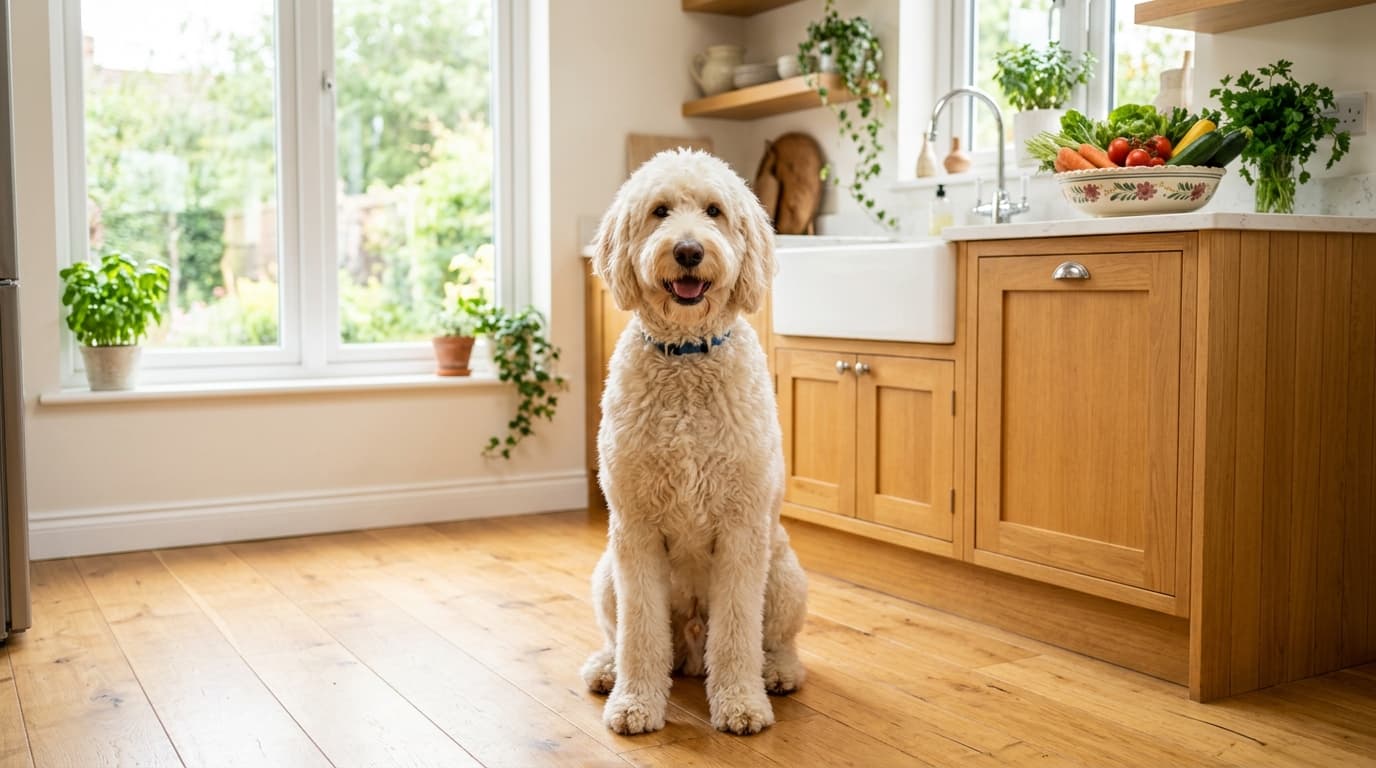Cream Goldendoodle scratching its ear outdoors on grass in soft afternoon light