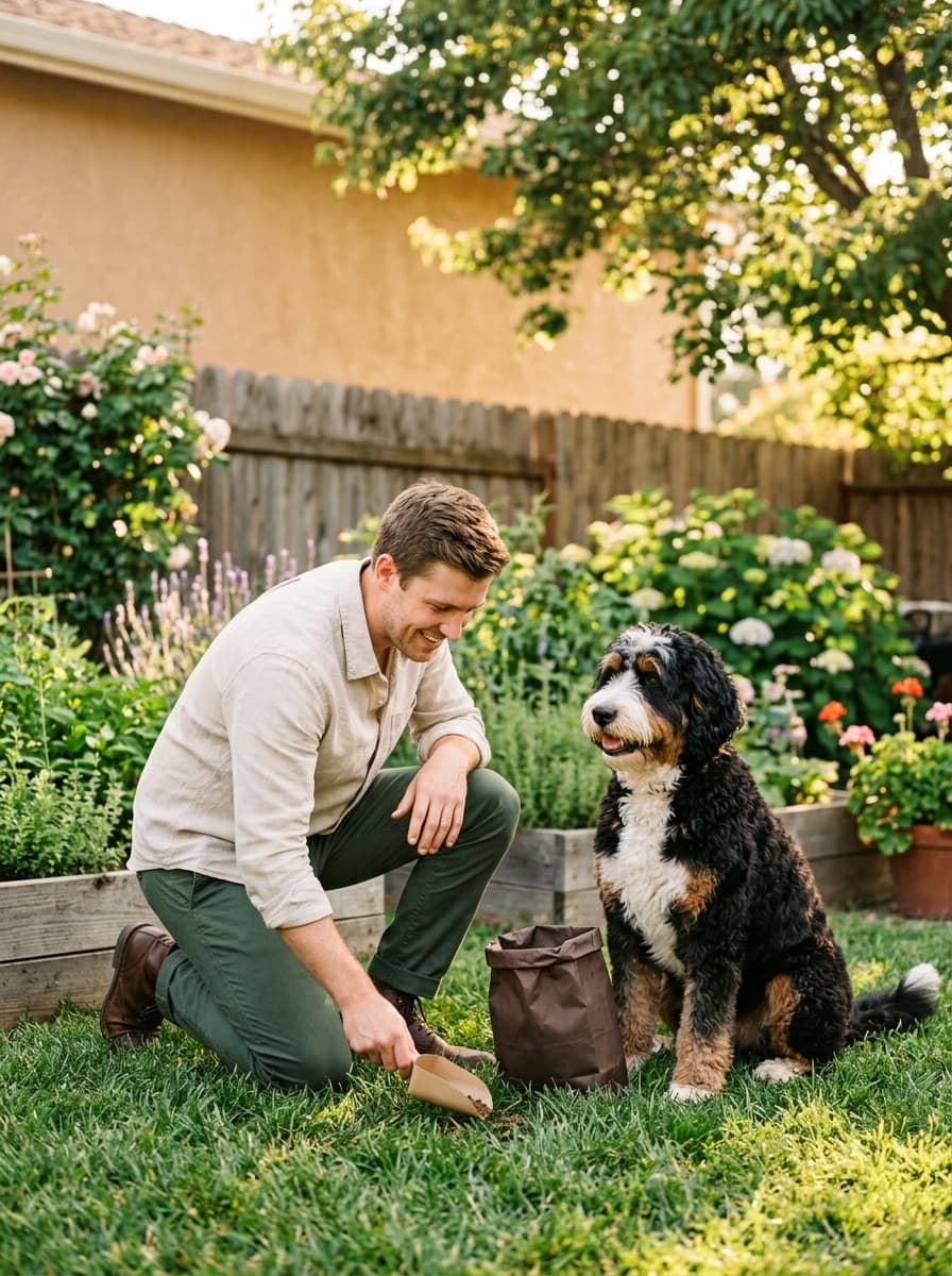 Man kneeling on a backyard lawn with a scoop and bag beside a sitting tricolour bernedoodle