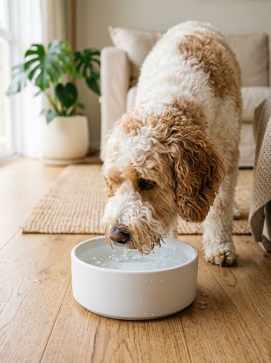 A white and apricot parti doodle drinking from a white water bowl on a wooden living room floor