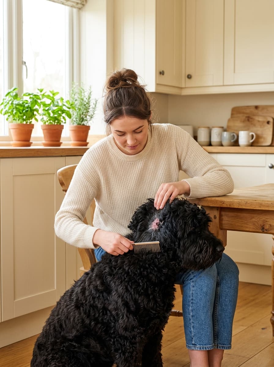 Woman sitting in a kitchen combing through the curly coat of a black doodle resting against her legs