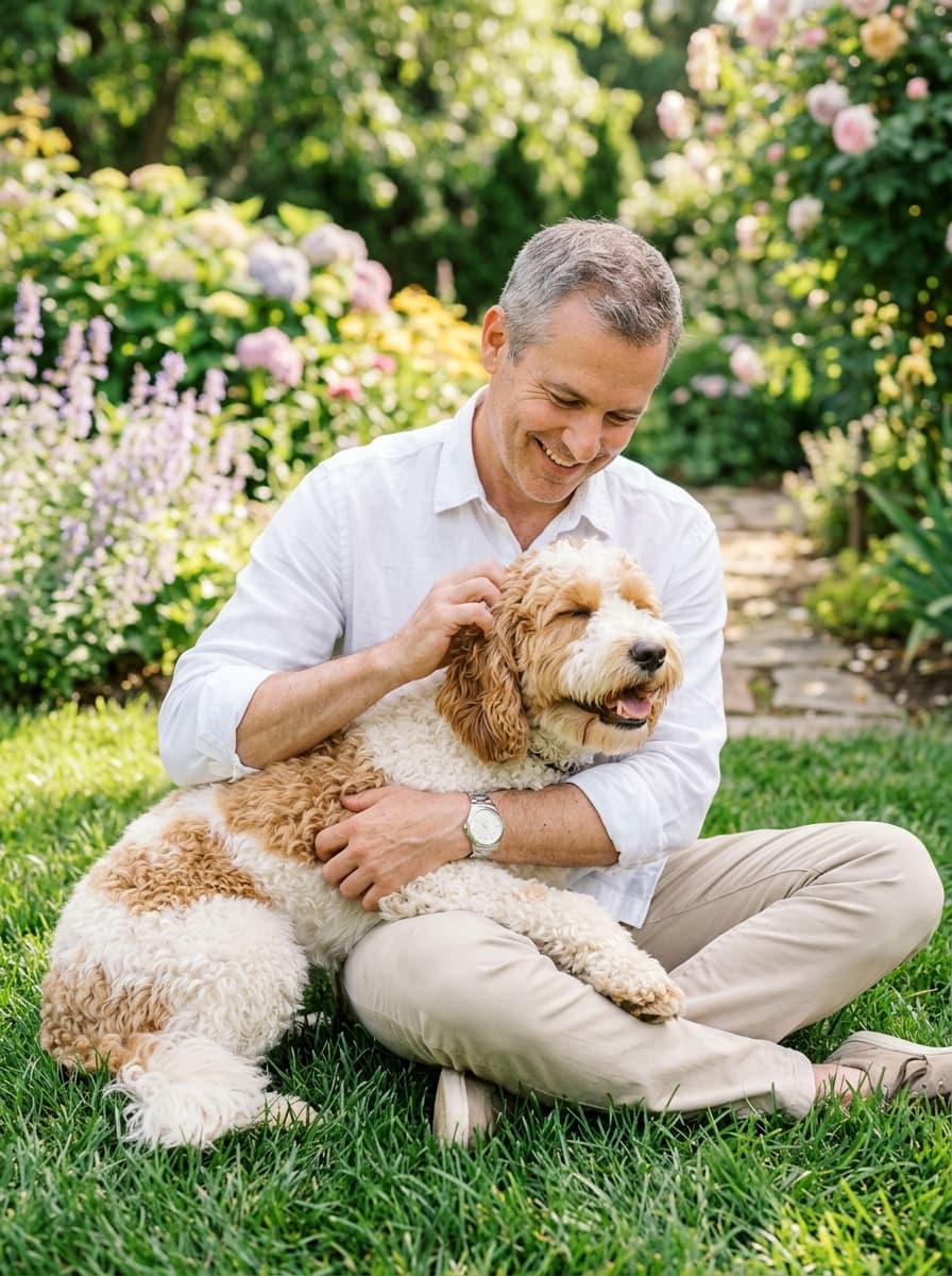 Smiling man sitting on garden grass scratching behind the ear of a white and apricot parti goldendoodle