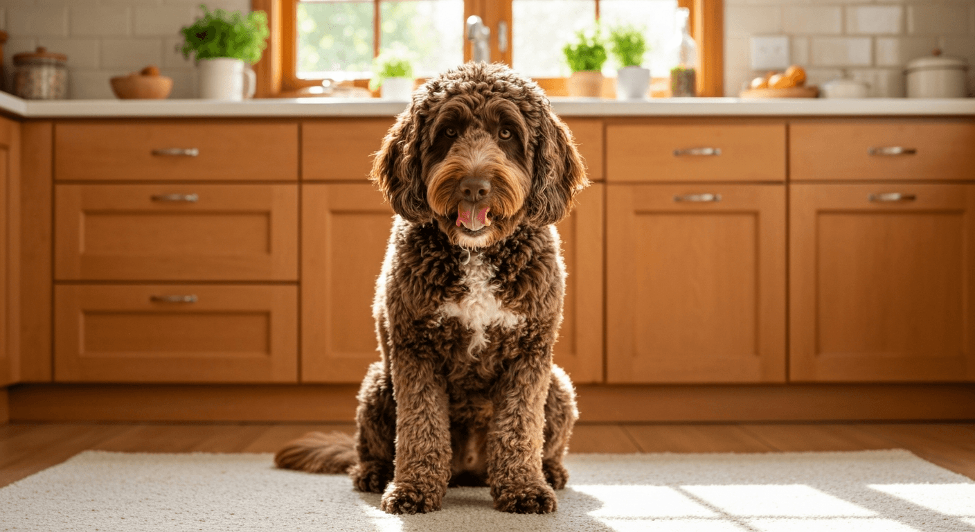 Goldendoodle lying on floor licking and chewing its front paw after a meal