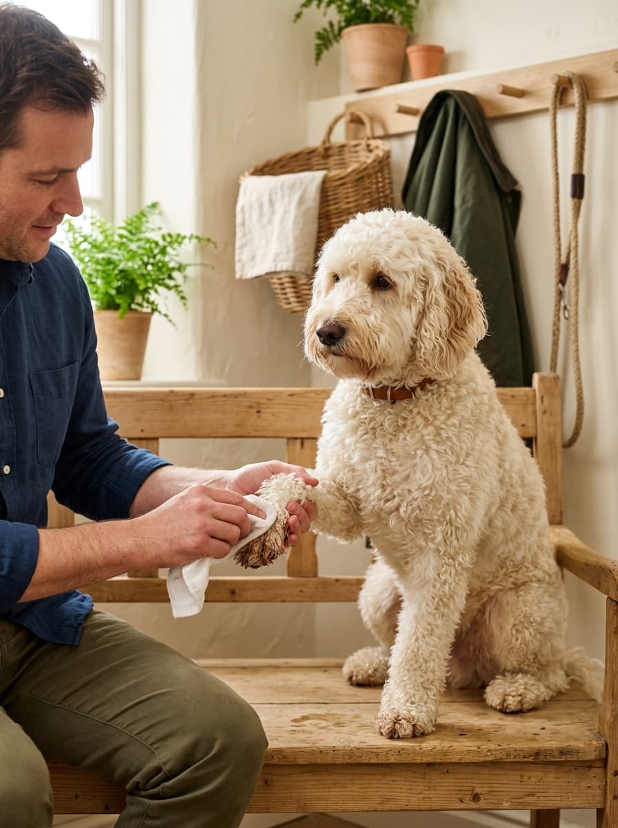 Man wiping the front paw of a cream curly doodle sitting on a wooden entryway bench