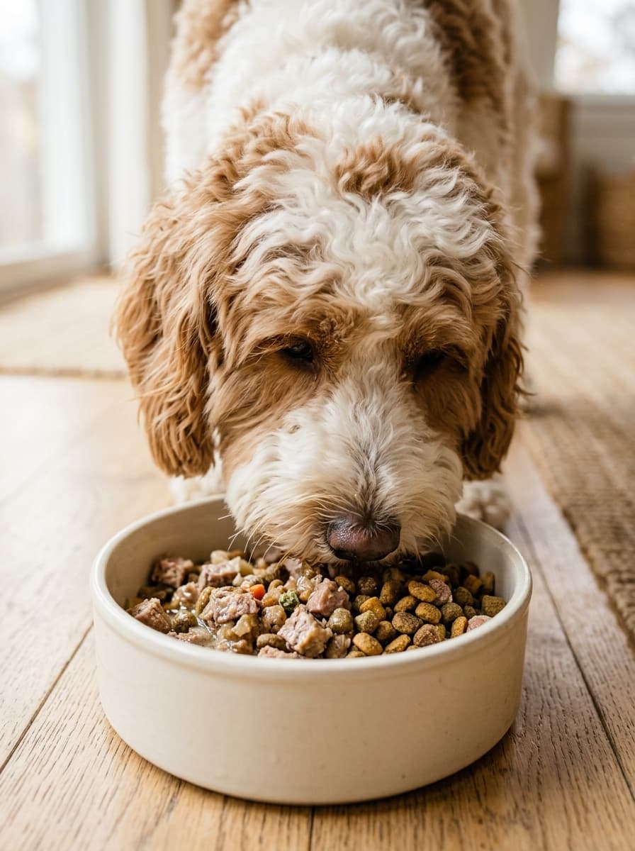 Close-up of a white and caramel parti doodle eating a mix of food from a ceramic bowl