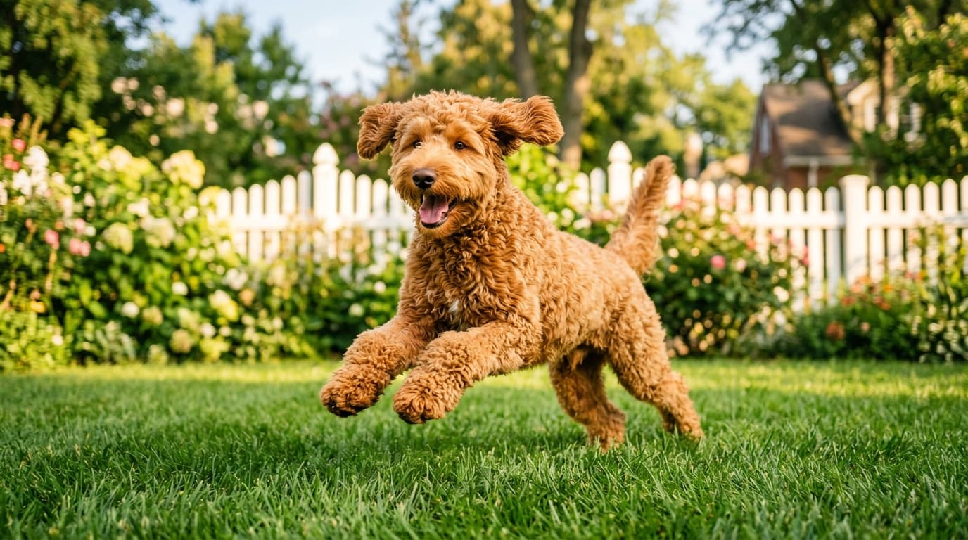 Young goldendoodle mid-zoomie running across a grassy backyard with ears flying