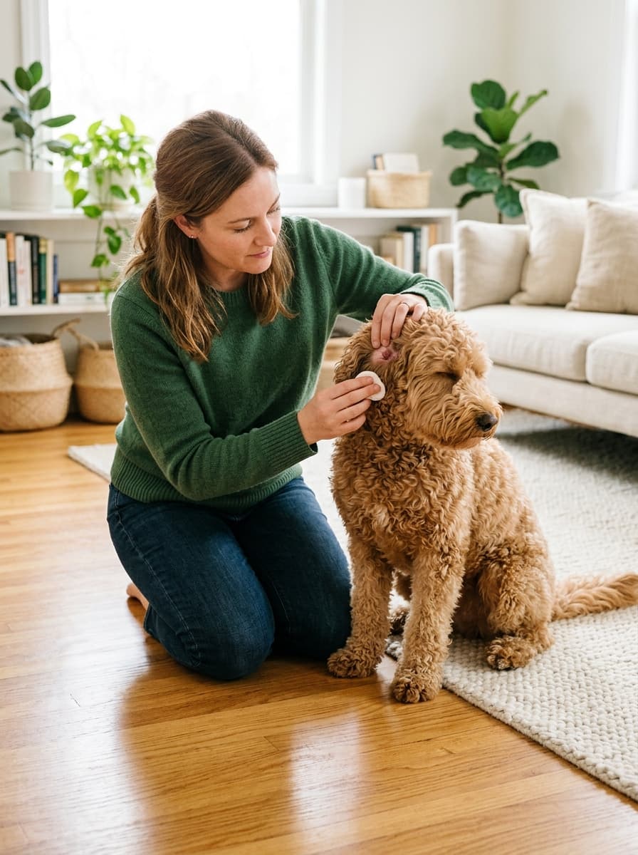 Woman kneeling on a living room floor cleaning the ear of an apricot goldendoodle with a cotton pad