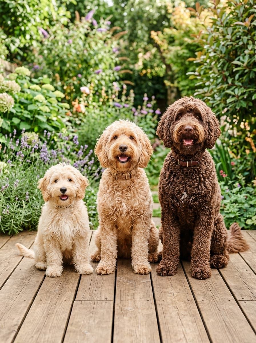 Three doodles of different sizes sitting side by side on a garden deck, cream, apricot and chocolate