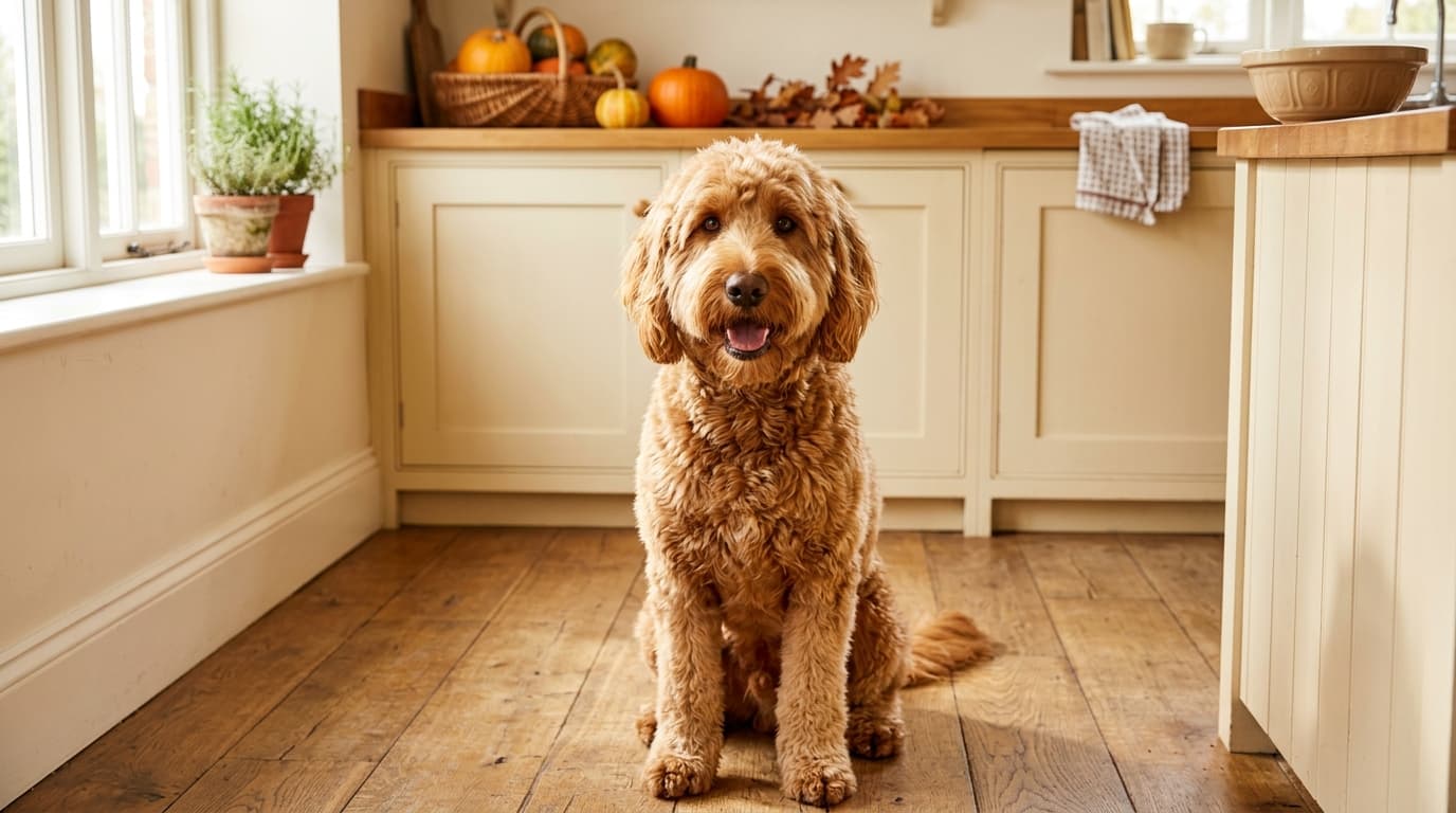 Doodle waiting by a food bowl next to a scoop of pumpkin powder and a can of pure pumpkin