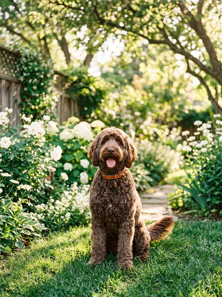 Happy chocolate doodle with an orange collar sitting on the grass in a leafy garden