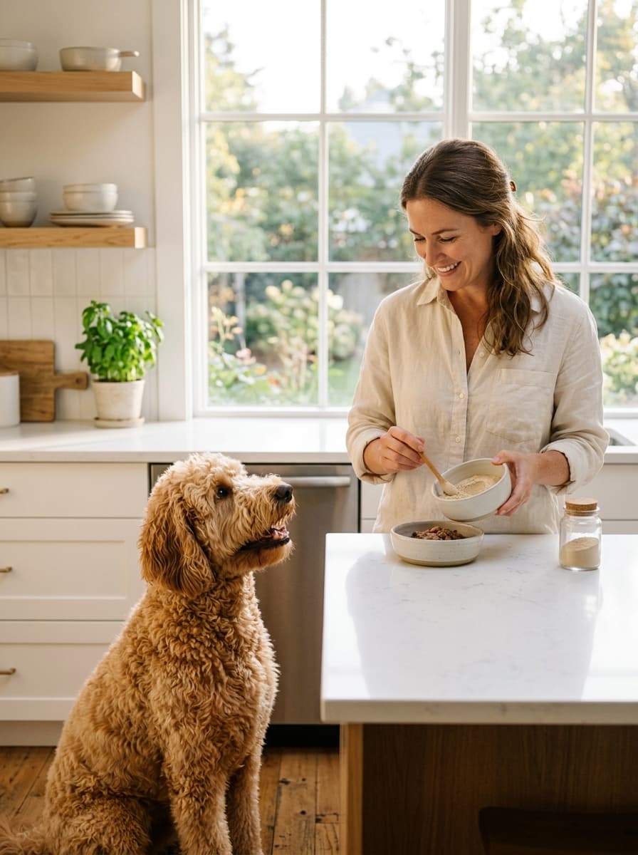 Woman stirring a bowl at a white kitchen counter while an apricot doodle sits and watches