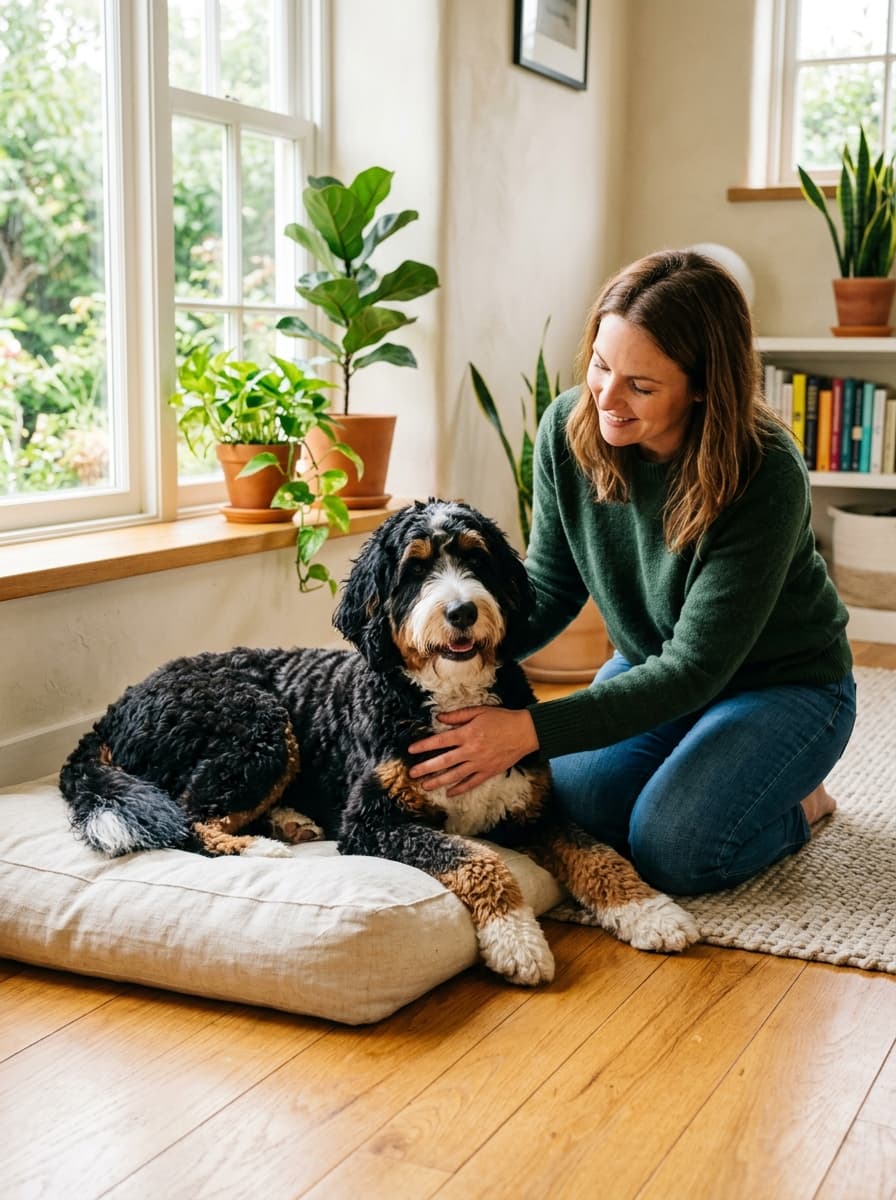 Woman kneeling beside a tricolour Bernedoodle resting on a cream floor cushion, gently stroking its side