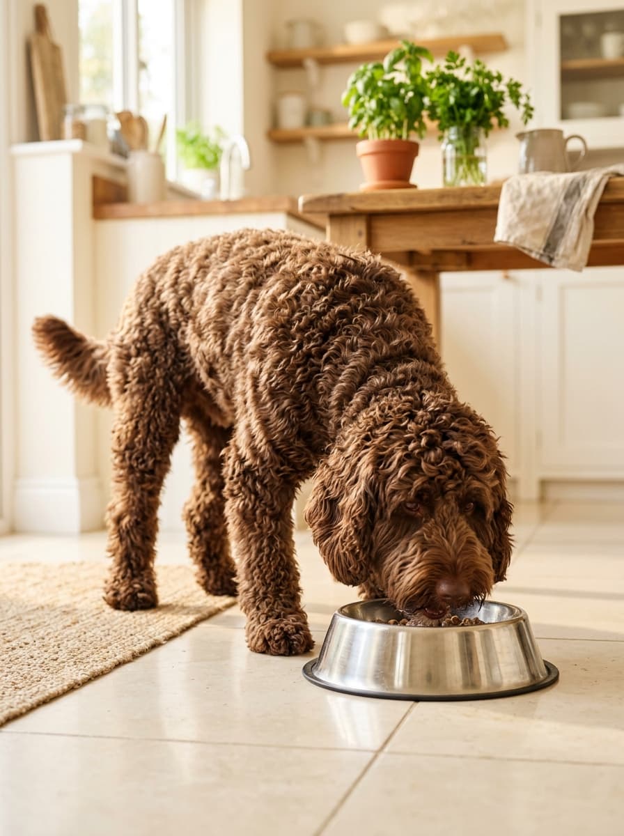 Chocolate labradoodle eating from a stainless steel bowl on a bright tiled kitchen floor