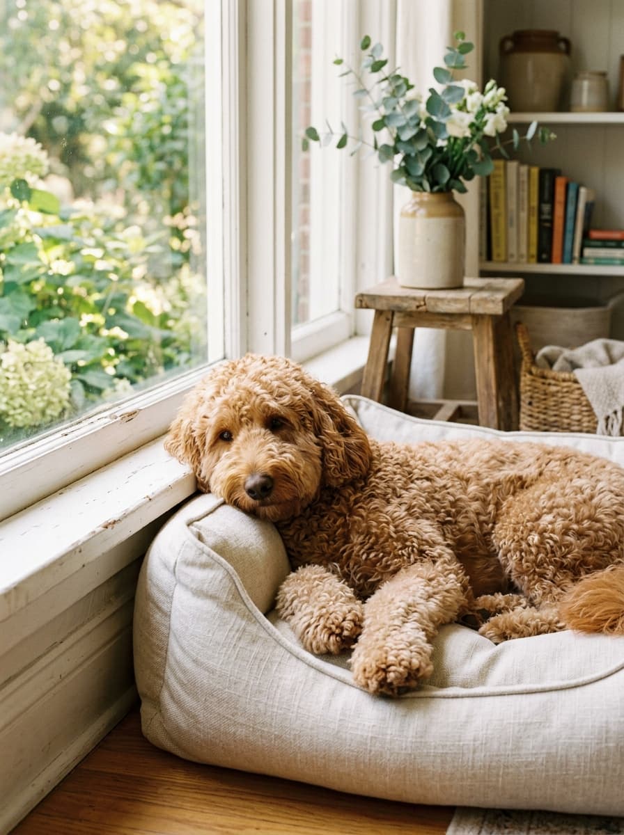 Apricot doodle resting its chin on the edge of a linen dog bed beside a sunny window