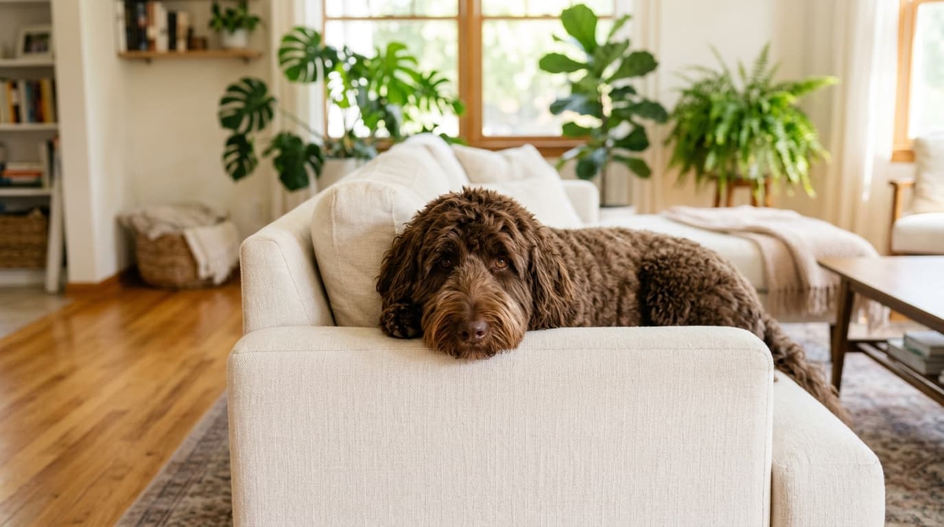 Australian Labradoodle standing on grass while an owner checks a stool sample in a park bag