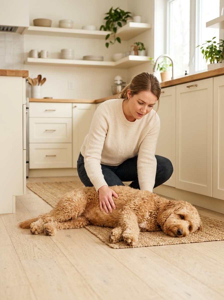 Woman crouching on a kitchen floor gently stroking an apricot doodle lying on a jute rug