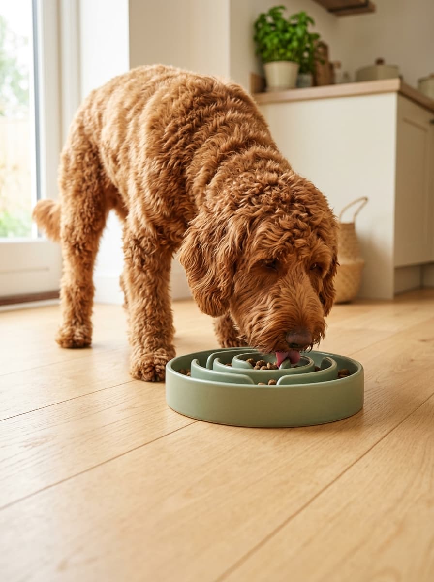 Red curly Labradoodle eating from a green maze-style slow-feeder bowl on a wooden kitchen floor