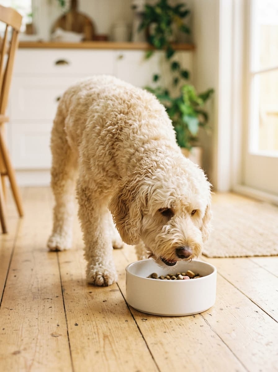 Cream doodle eating from a white bowl on a wooden floor in a sunny kitchen