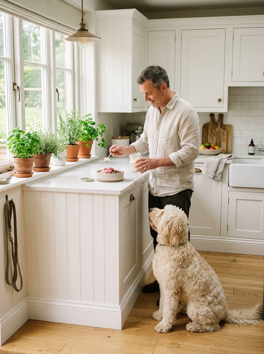 Man spooning a supplement into a bowl at a kitchen counter while a cream doodle sits and looks up