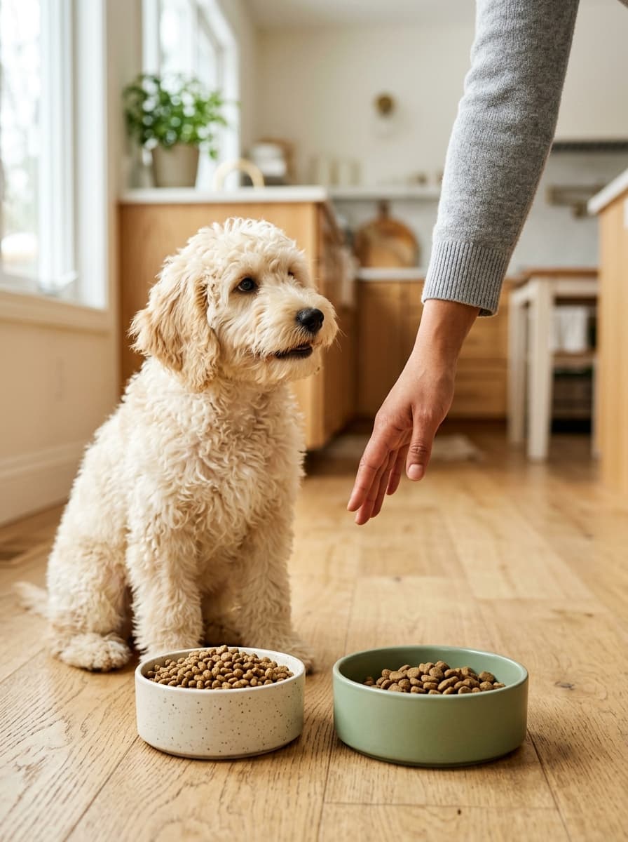 Young cream doodle sitting on a wooden kitchen floor beside two bowls of kibble as a hand gestures toward them