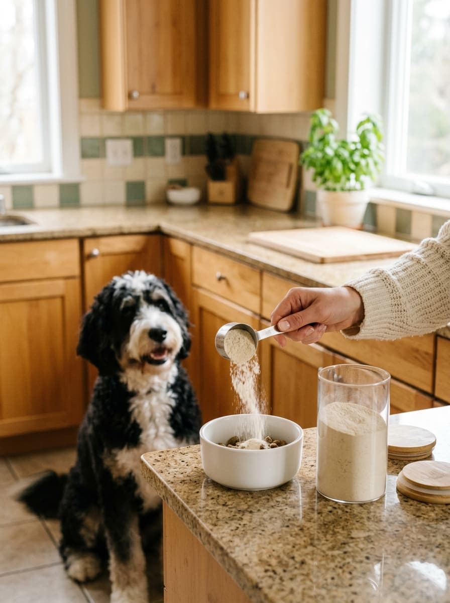 Owner pouring powder from a clear glass jar into a dog bowl while a black and white bernedoodle watches in a kitchen