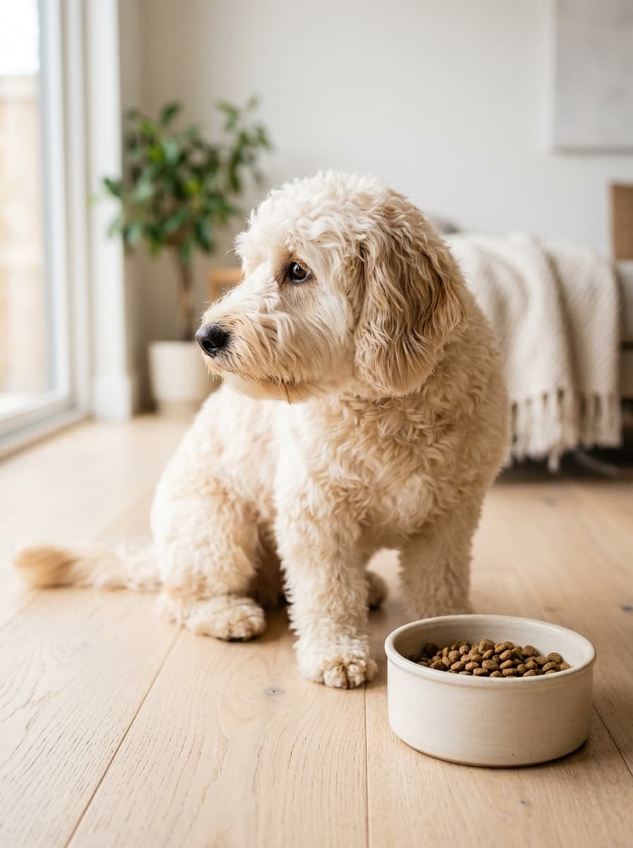A cream doodle sitting beside a full bowl of kibble on a wooden floor, looking away from the food